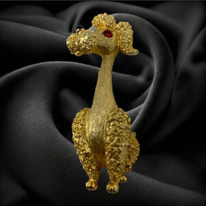 Vintage Mamselle Poodle Dog Pin Brooch Gold Tone Crystal Eye Statement Whimsical